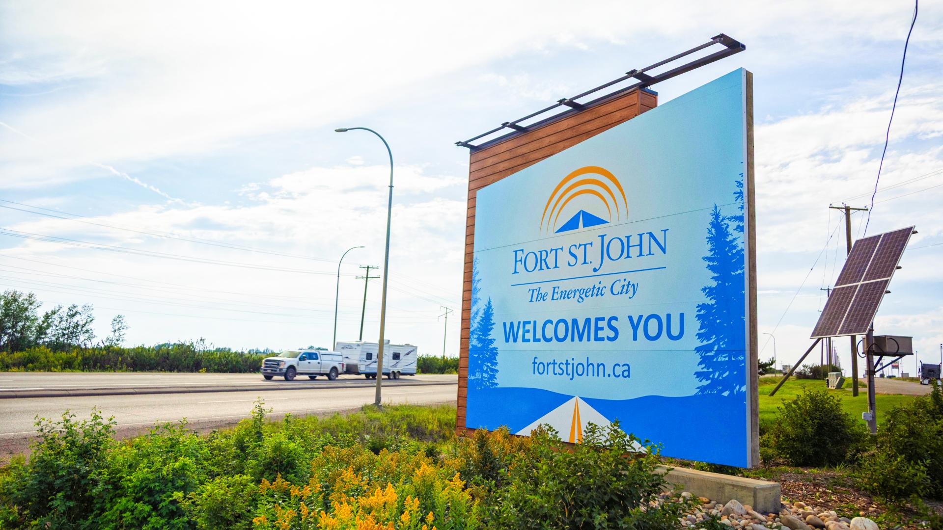 The City of Fort St. John Welcome Sign beside the Alaska Highway.