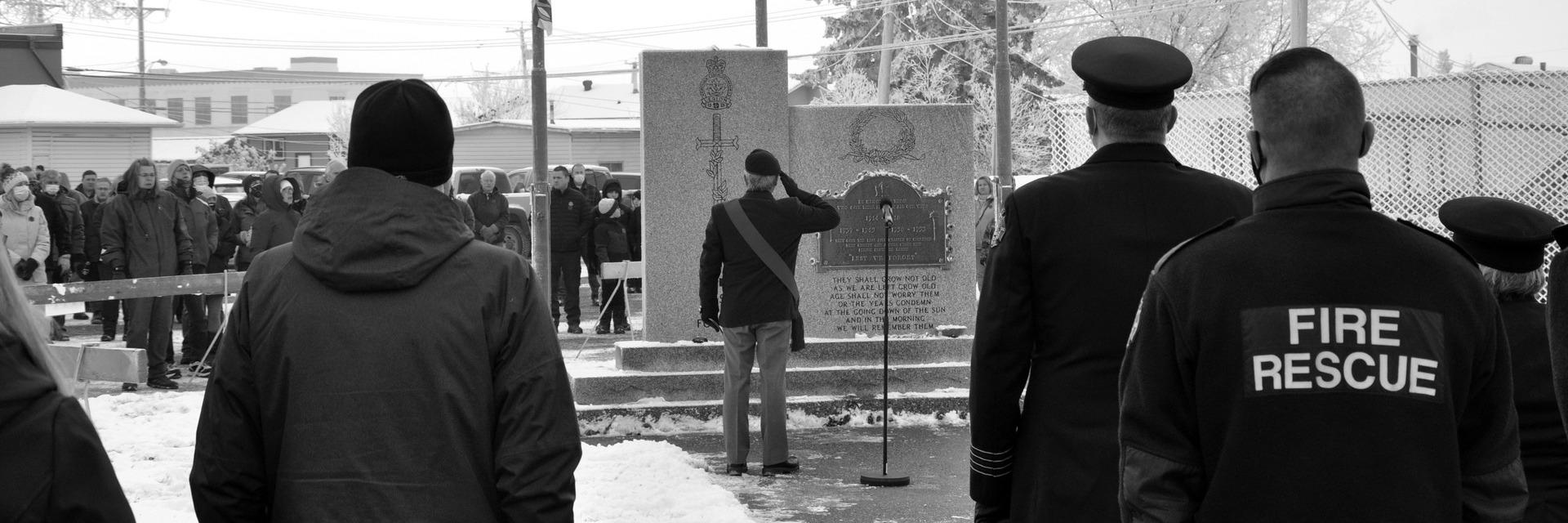 A person in uniform salutes a stone cenotaph during a Remembrance Day ceremony as onlookers stand nearby.