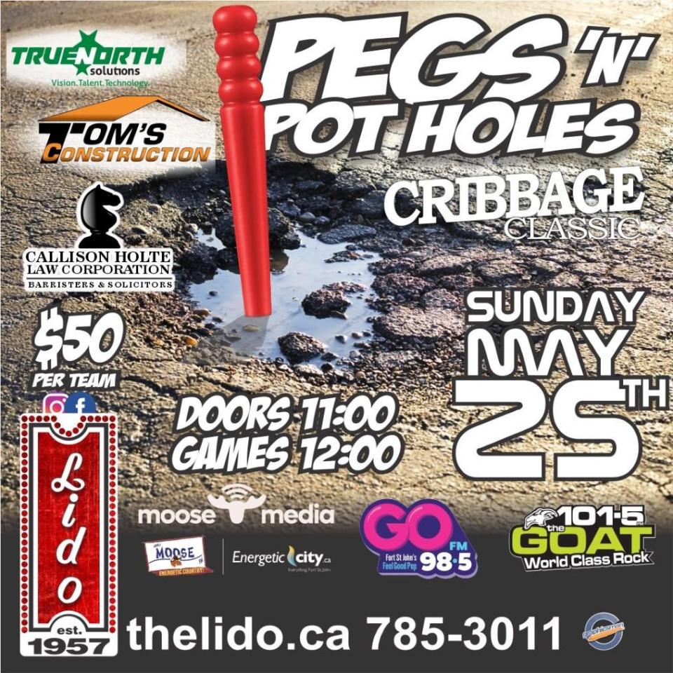 A poster for the Pegs N Pot Holes Cribbage Tournament at The Lido