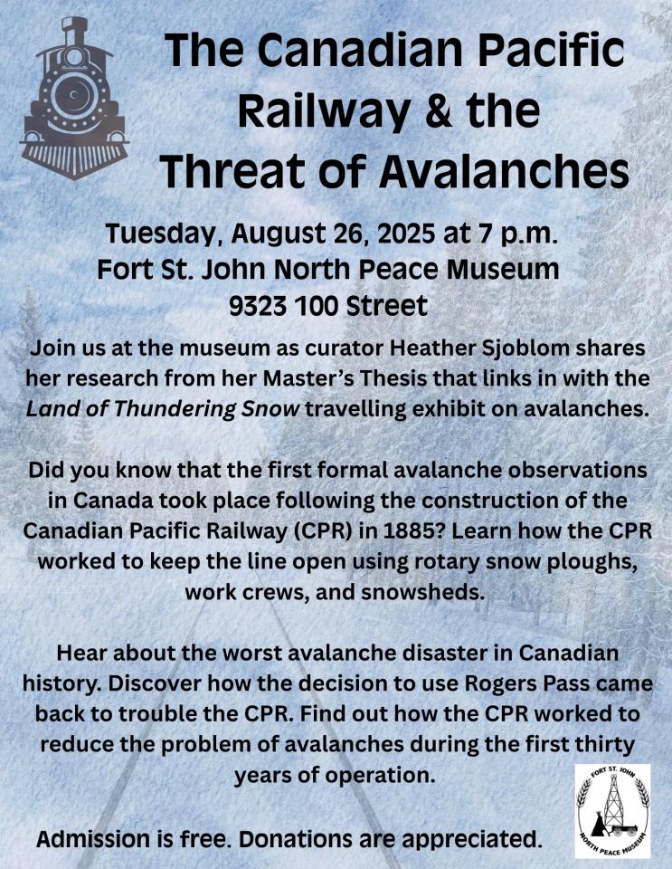 Poster promoting an upcoming event at the Fort St. John North Peace Museum on Tuesday, August 26, 2025 at 7 pm.