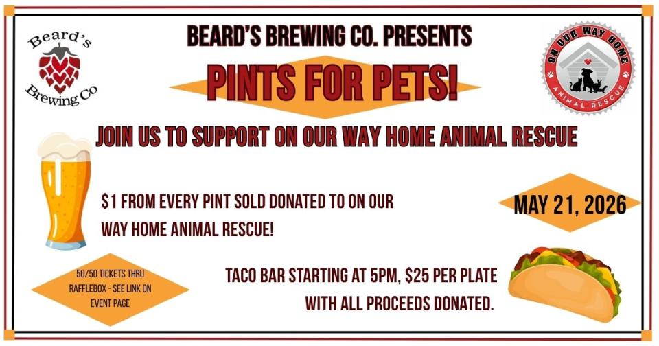 A poster promoting Pints for Pets at Beard's Brewing Co.