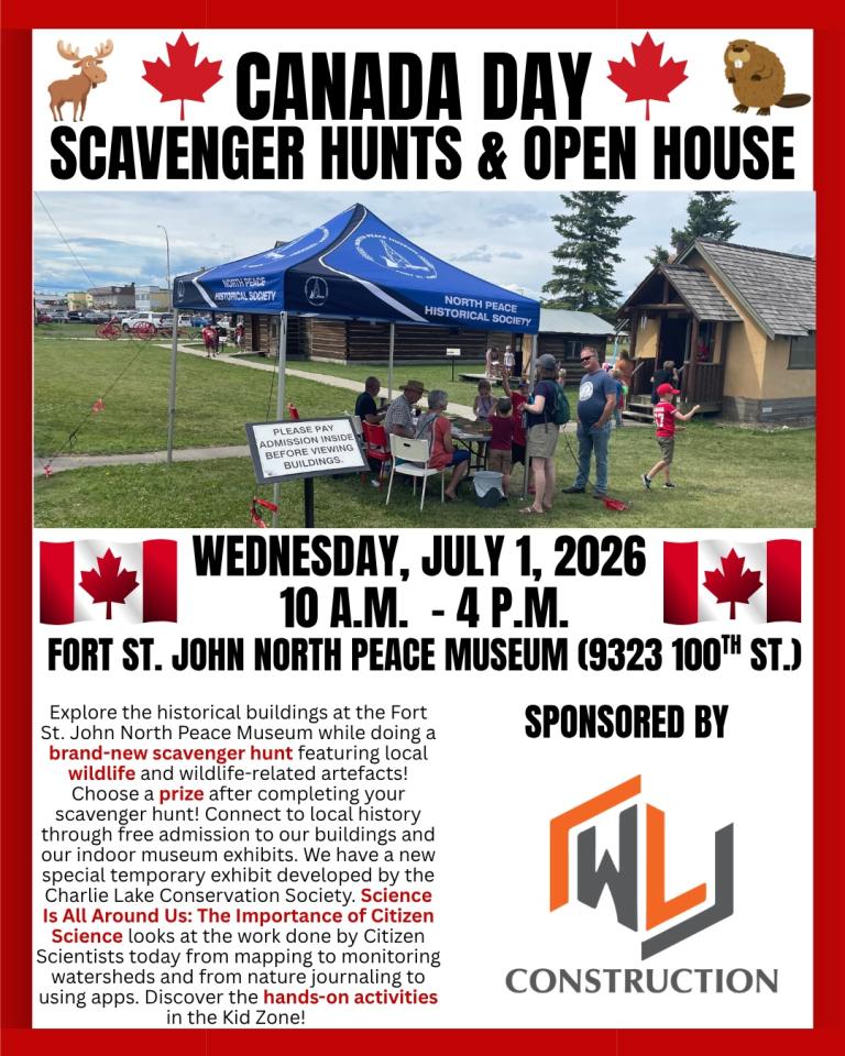 A poster promoting the Scavenger Hunts and Open House on Canada Day at the Fort St. John North Peace Museum.