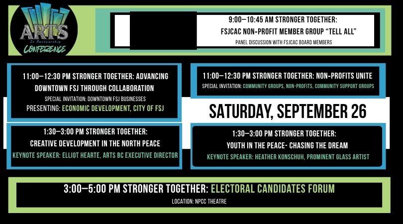 arts and culture conference, green and blue boxes of text with black background