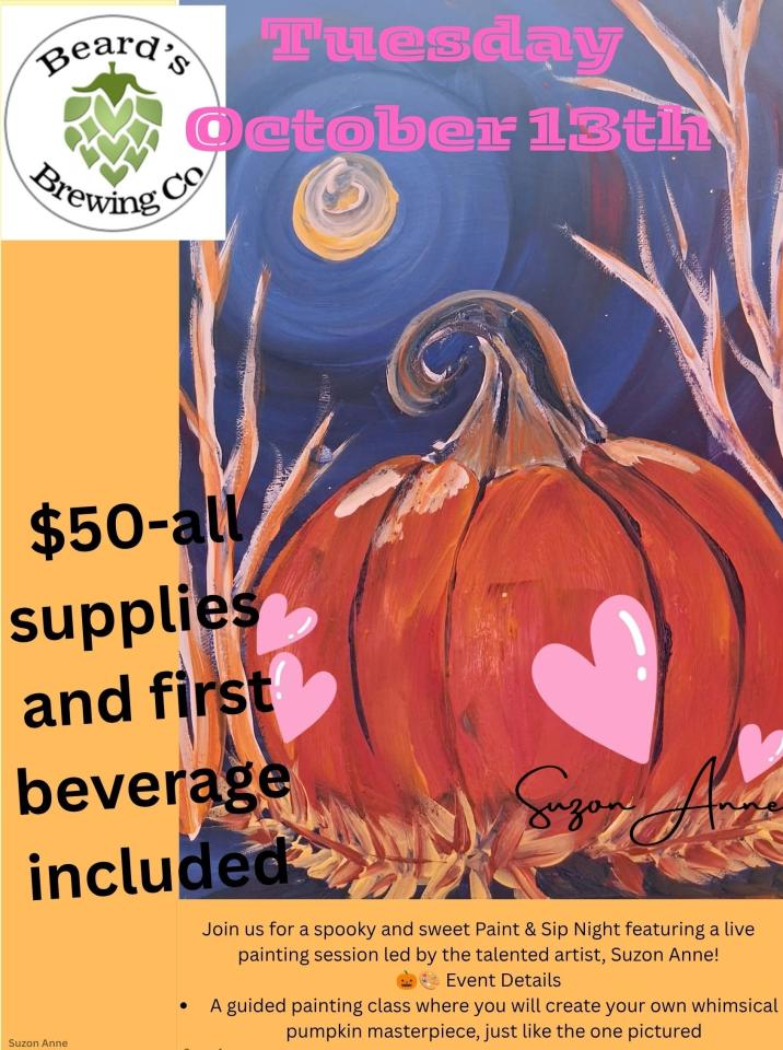 pimpkin painting on yellow background with hearts, paint night
