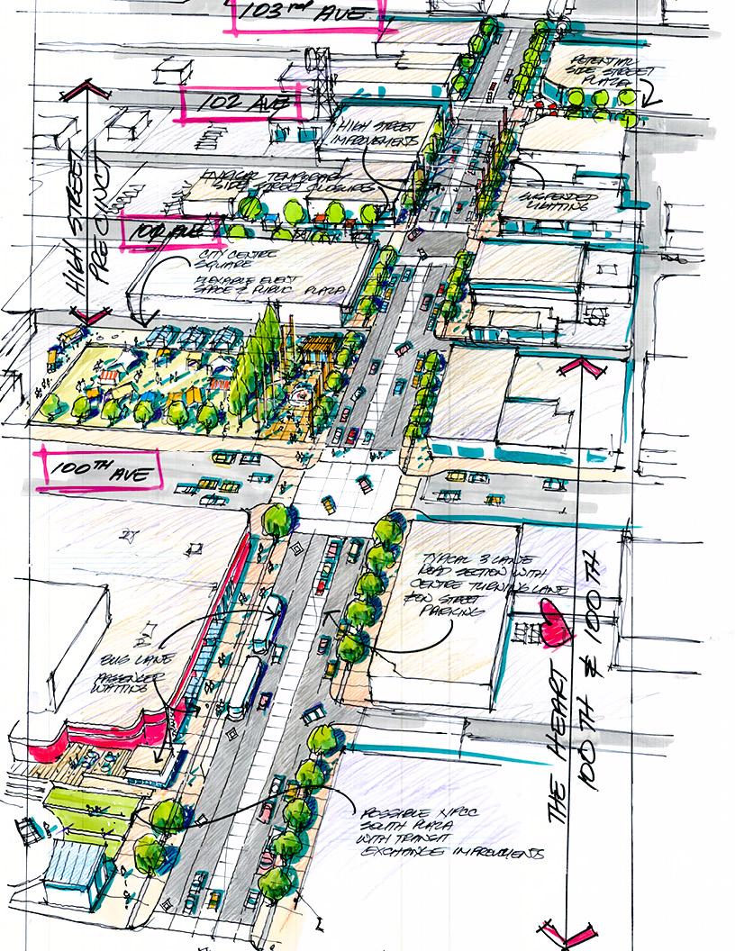 Sketch detailing the proposed 100 Street Corridor project.