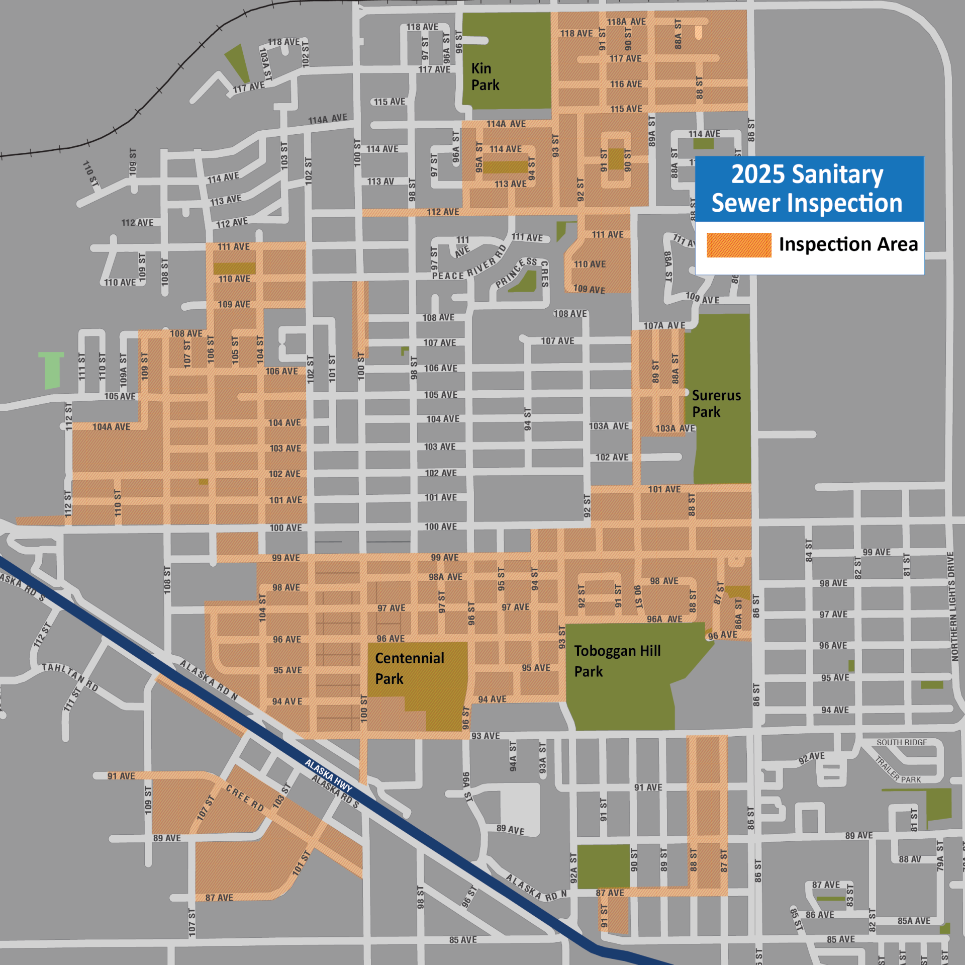 A map showing the areas of sewer inspection during 2025